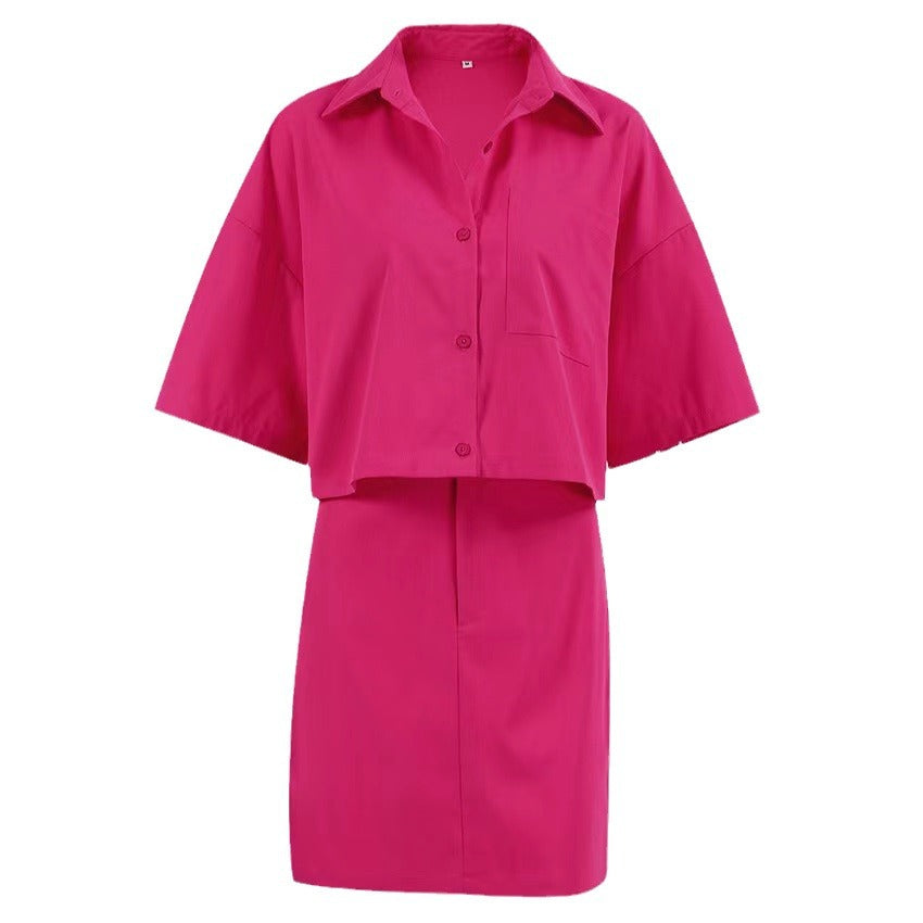 Womens Preppy Style Design-focused Short-sleeve Short-skirt Set